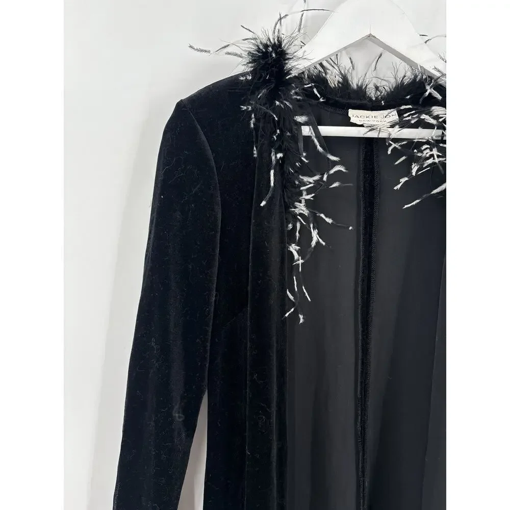 Jackie Jon Vintage Cardigan Sweater Womens Medium Black Velvet Feather Collared